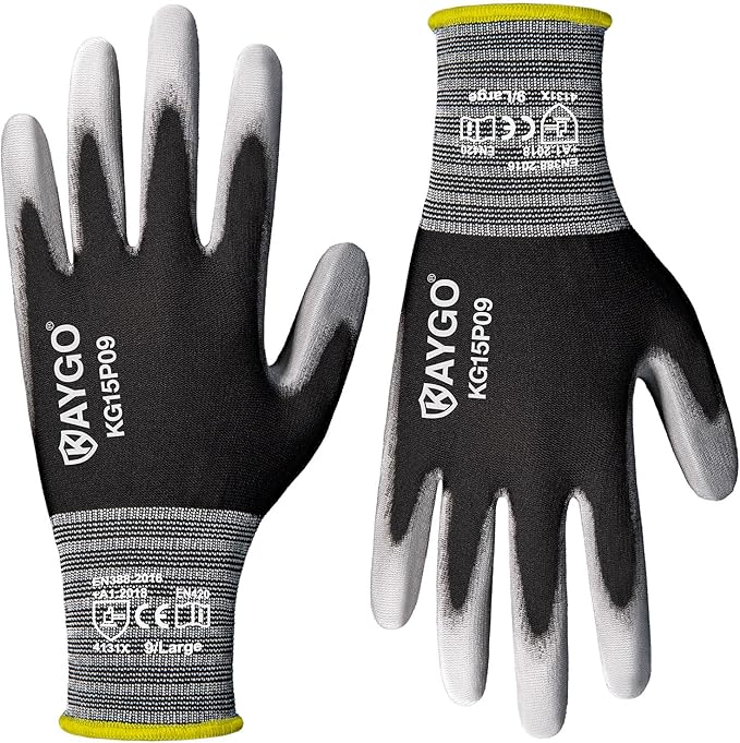 KAYGO Work Gloves PU Coated 12 Pairs, KG15P,Nylon Liner with Flexible Polyurethane Coating,Safety Work Gloves for DIY, Assembly, Warehouse, Light Duty Work (Large, Black)