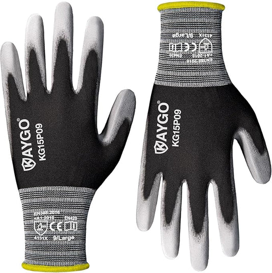 KAYGO Work Gloves PU Coated 12 Pairs, KG15P,Nylon Liner with Flexible Polyurethane Coating,Safety Work Gloves for DIY, Assembly, Warehouse, Light Duty Work (Large, Black)