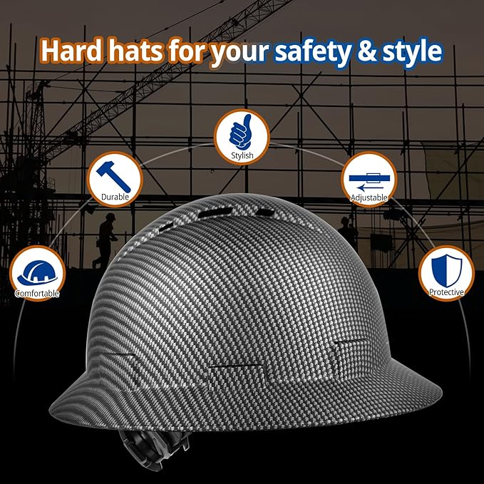 Full Brim Hard Hat - OSHA Safety Helmet Durable Lightweight Carbon Fiber Hard Hat, 6-Point Ratchet Suspension Protective Gear for Men and Women
