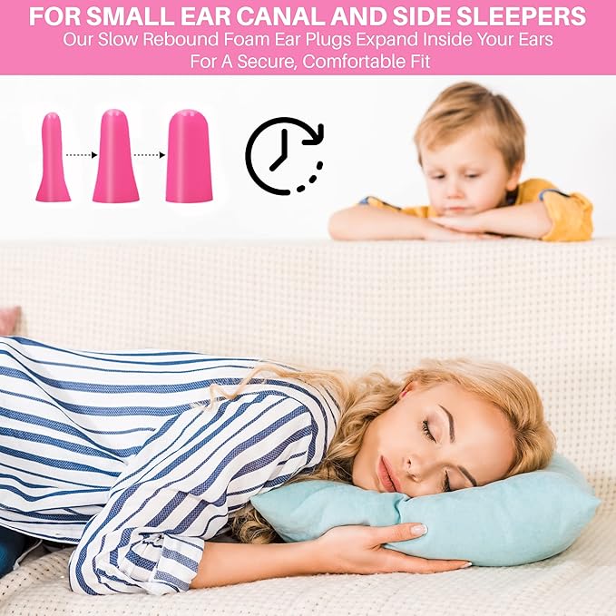Quality Pink Foam Earplugs 100 Pair - 30dB for Small Ear Canal Side Sleepers - Soft Ear Plugs for Kids Women Children Sleeping Snoring Music Work - Noise Cancelling, Individually Wrapped & Disposable