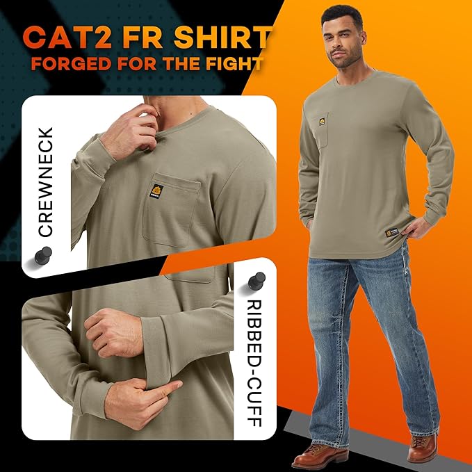 WORKWEYA Men's FR Shirts 6.5oz Lightweight Long Sleeve Flame Resistant T-Shirt NFPA 2112/CAT2