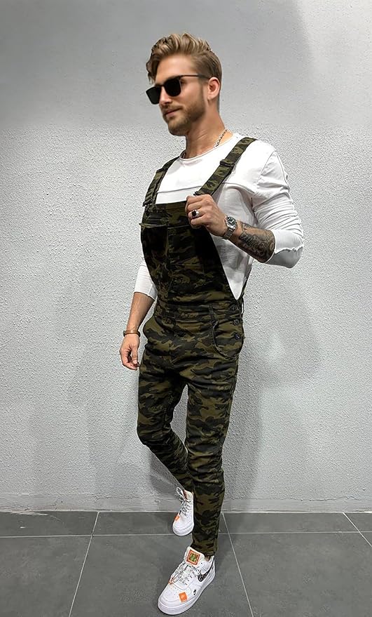 LONGBIDA Men's Denim Bib Overalls Fashion Slim Fit Jumpsuit with Pockets