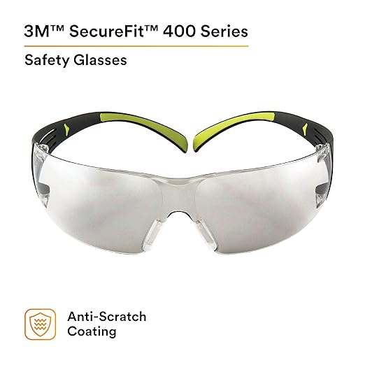 3M Safety Glasses, SecureFit, 20 Pack, ANSI Z87, Anti-Scratch Indoor/Outdoor (I/O) Mirror Lens, Green/Black Frame, Flexible Temples
