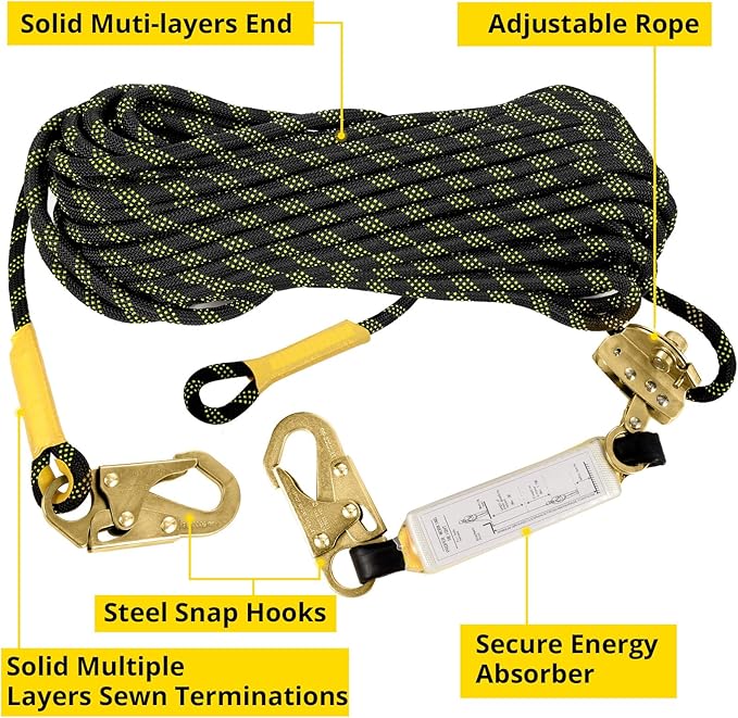 TRSMIMA Rope Harness Safety Lanyard：50ft Vertical Roofing Rope With Grab Snap Hooks Shock Absorber - Fall Protection Tree Climbing Line Kit Heavy Duty Roof Safety Equipment ANSI CE