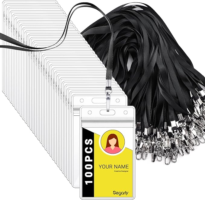 Segarty Lanyards with ID Holder, 100 Pack Vertical Clear Plastic Badge Name Tags Key Card Holders, Black Strap Clips Waterproof Ziplock Nametag Protector for Women, Business, Student, School, Office