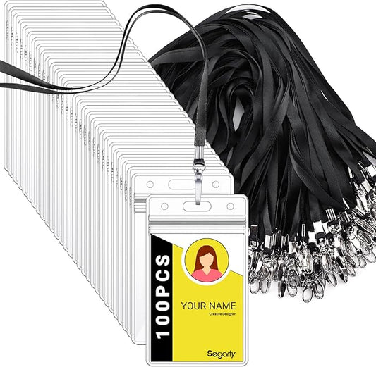 Segarty Lanyards with ID Holder, 100 Pack Vertical Clear Plastic Badge Name Tags Key Card Holders, Black Strap Clips Waterproof Ziplock Nametag Protector for Women, Business, Student, School, Office