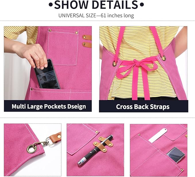 Apron for Women,Baking Kitchen Cooking Apron with Pockets, Cotton Canvas Cross Back Apron with Adjustable Strap and Large Pockets,BBQ Drawing Crafting Aprons for Women Chef (Pink)