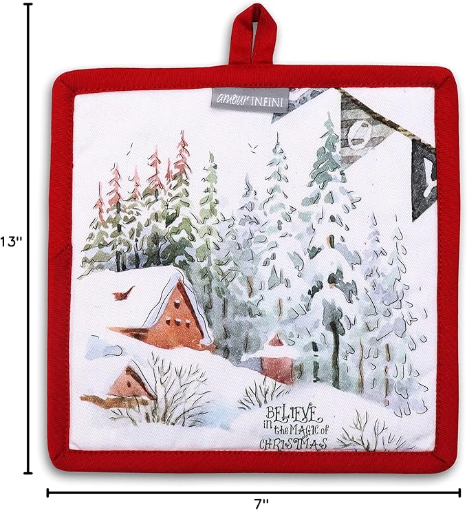 AMOUR INFINI Pot Holders and Oven Mitts 100% Cotton Christmas Winter Heat Resistant Non Slip Washable Set of 1 Oven Mitt and 1 Pot Holder Kitchen Gift Set