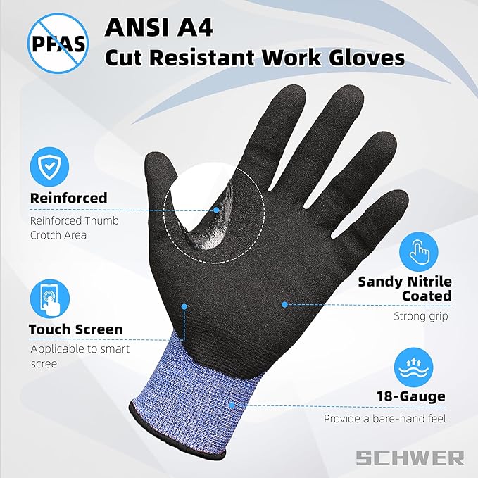 Schwer A4 AIR-SKIN Cut Resistant Work Gloves AR3900 with Extreme Lightweight & Thin, Grip Gloves for Fishing, Refined Work, Mechanic, Gardening, Touch-Screen, Non-PFAS, 3D-Comfort Fit, 2 Pairs, M