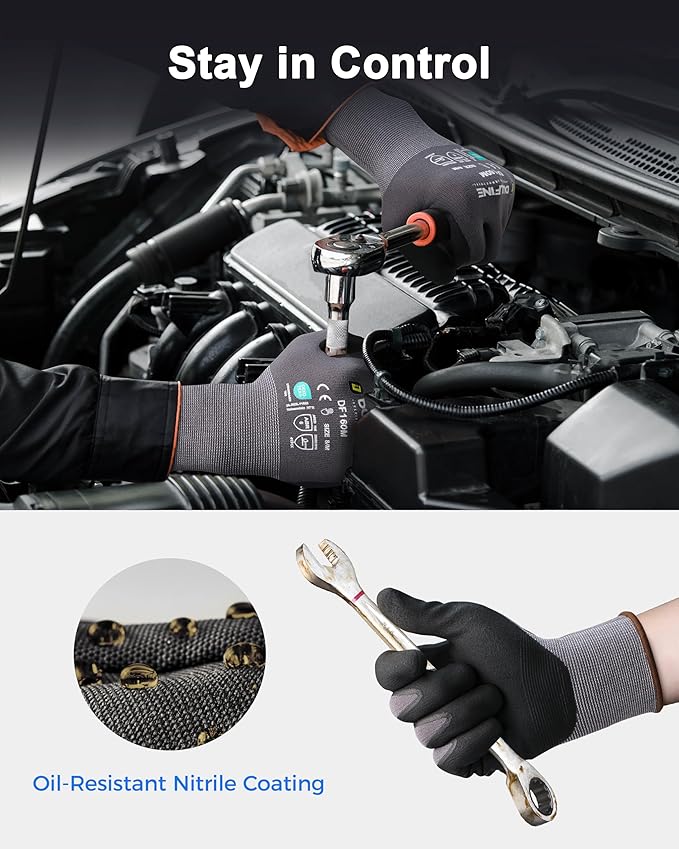 DULFINE Safety Work Gloves MicroFoam Nitrile Coated-24 Pairs Pack,Seamless Knit Nylon Glove with Black Micro-Foam Nitrile Grip,Ideal for General Purpose,Automotive,Home Improvement,Painting(X-Large)