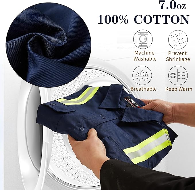 SRsafety Hi Vis FR Work Shirts,7.0oz Long Sleeve Flame Resistant Shirts for Men,100% Cotton High Visibility Fire Shirt