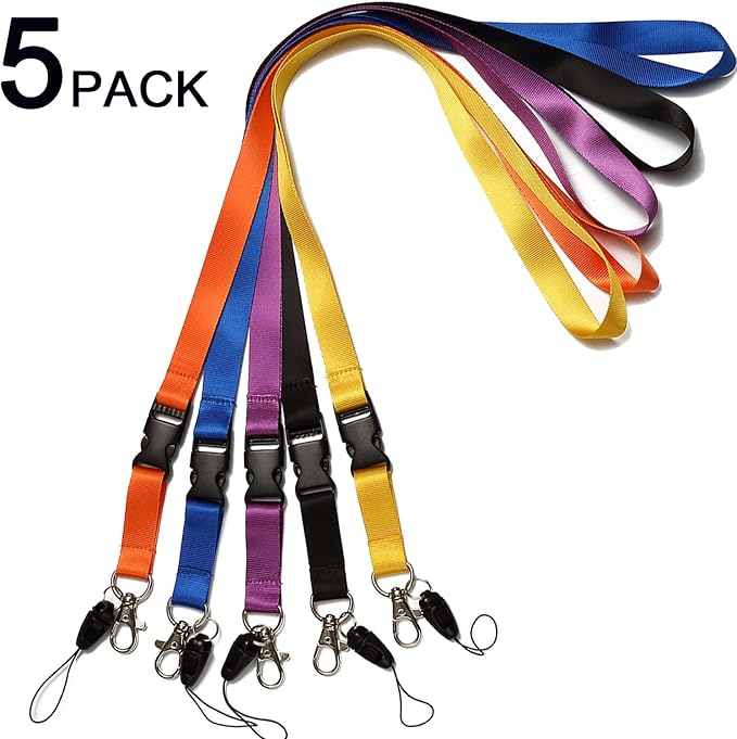 YOUOWO 5 Pack Nylon Office Neck Lanyards Detachable Buckle Enhanced Model Hook Breakaway Strap Lanyard for ID Badge,Key,Women,Men,Phones,USB,Whistles,Black,Blue,Yellow,Orange,Purple