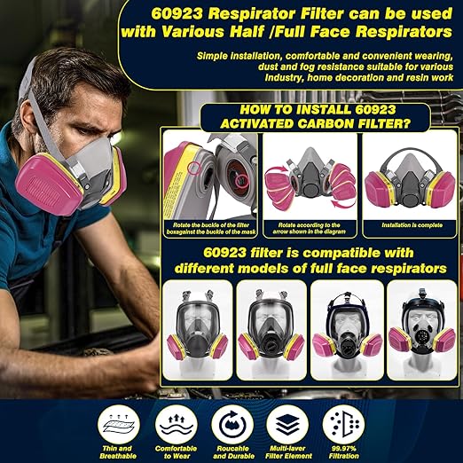 Respirator Filter(30 Pairs) - 60923 Respirator Cartridge for Respirator, Respirator Filter Compatible with 6000, 7000, FF-400 Series Respirator Against Acid Gases, Chemicals, Organic Vapors