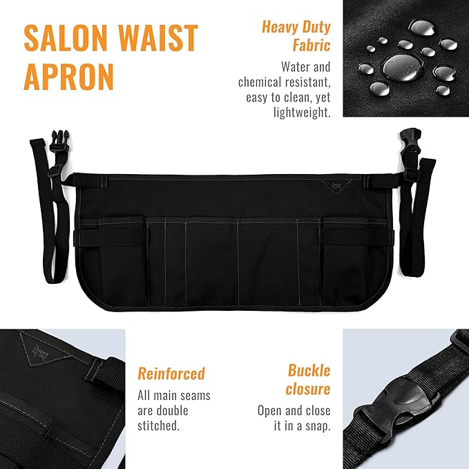 Under NY Sky Salon Waist Apron - 9 Pockets, 3 Loops, Oxford Canvas - Hair Cut Holster for Tool Storage, Shears, Brush, Trimmer - Belt Pouch - Hair Stylist, Makeup Artist, Barber, Cosmetology - Black