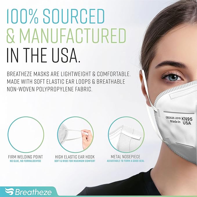Breatheze KN95 Face Masks Made in USA - Face Masks Disposable KN95 Mask - FDA Registered Masks