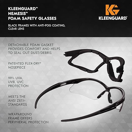 KleenGuard™ V30 Nemesis™ Foam Safety Glasses (65335), Clear Lenses with KleenVision™ Anti-Fog coating, Black Frame, Unisex Eyewear for Men and Women (12 Pairs/Case)