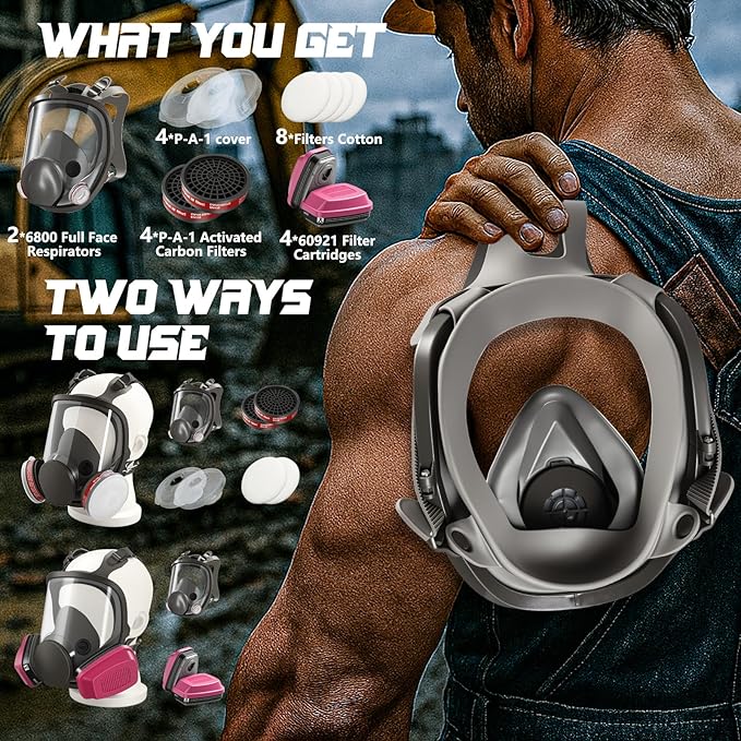 Full Face Respirator Mask with Filters - 2 Pack 6800 Gas Mask with 60921 & P-A-1 Activated Carbon Filter,Reusable Dust Mask Filter Against Gases/Dust/Organic Vapor,for Spray Paint/Sanding/Welding