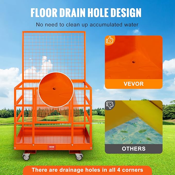 VEVOR Forklift Safety Cage, Forklift Man Basket 1400lbs Capacity, 43"x45" Work Platform with Safety Harness & Lock, Drain Hole & Wheels & Tool Basket, Perfect for Aerial Work