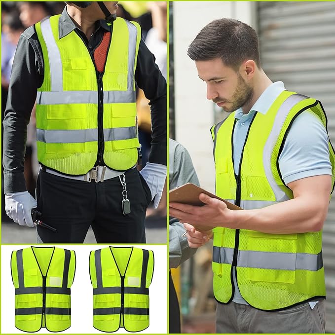 JaGely 20 Pack Reflective Safety Vests with Pockets, High Visibility Mesh Construction Vest for Men Women, Neon Yellow, Size L