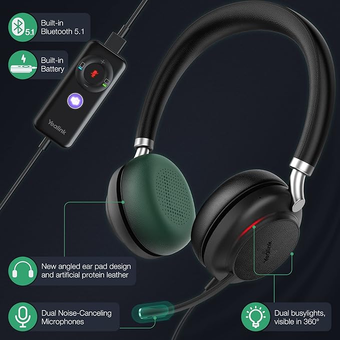 Yealink UH38 Bluetooth USB Wired Headset, Work Headset with Noise Cancelling Microphone, Teams Certified, Comfort Fit, Dual Connect for PC Computer & Mobile Devices, Dual Busylight