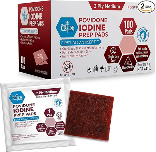 MED PRIDE Individually Wrapped Iodine Wipes, 10% Povidone Iodine Prep Pads, Alcohol-Free Antiseptic for Wounds (100 Count)