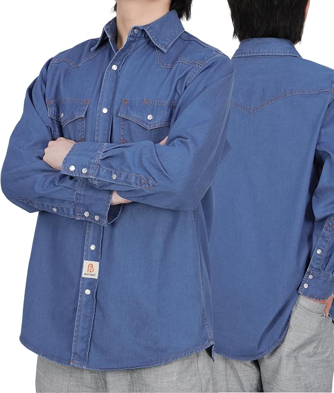 BOCOMAL FR Shirts Washed Denim EX Soft Midweight Smooth Fit Pearl Snaps Down Durable Flame Resistant Work Clothing