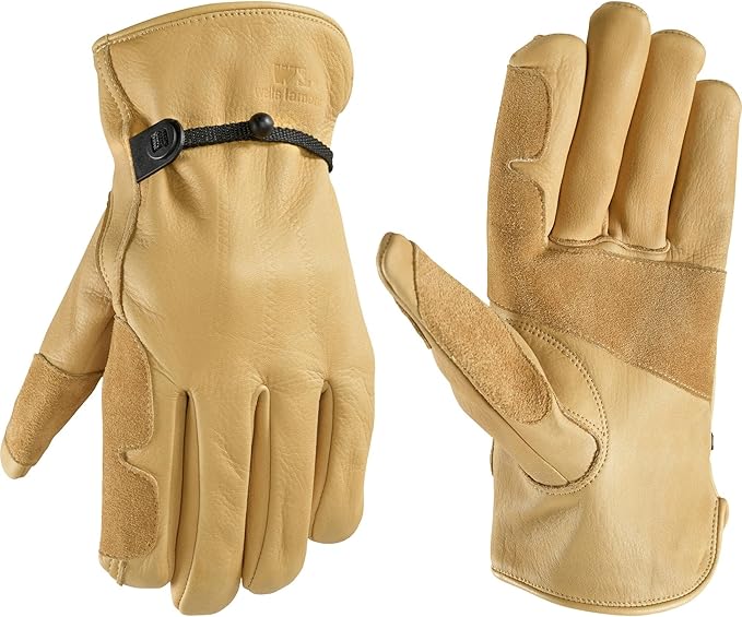 Wells Lamont Men's Full Leather Cowhide Adjustable Reinforced Work Gloves, Timber, Large (1140L)