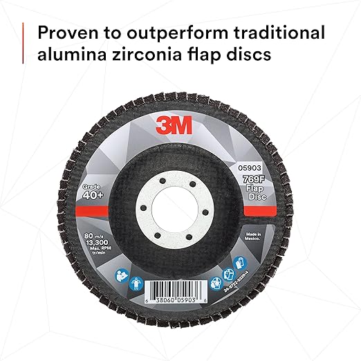 3M Flap Disc 769F, Type 27, 40+, 4-1/2 in x 7/8 in, High Performance Abrasive, Ceramic Precision-Shaped Grain Grinding and Finishing Disc, Carbon Steel, Stainless Steel