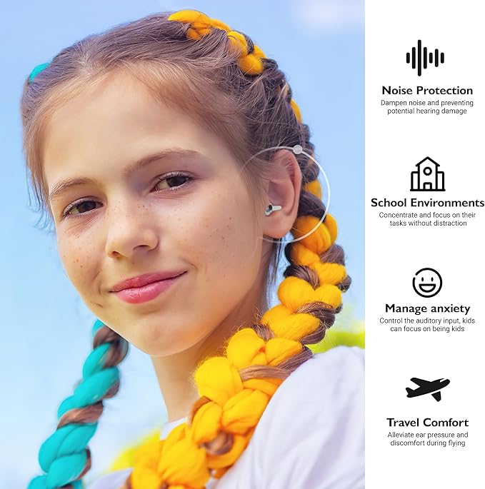 Kids Ear Plugs (6+yrs) - Reusable Noise Relief Earplugs with String for Child, Kids Ear Protection for Airplane, Focus, Anxiety, Stress, School, Home, Playtime, 25 dB Noise Reduction, 2 Pairs