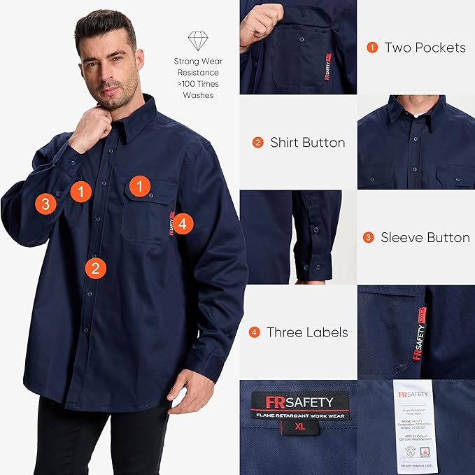 SRsafety Hi Vis FR Work Shirts,7.0oz Long Sleeve Flame Resistant Shirts for Men,100% Cotton High Visibility Fire Shirt