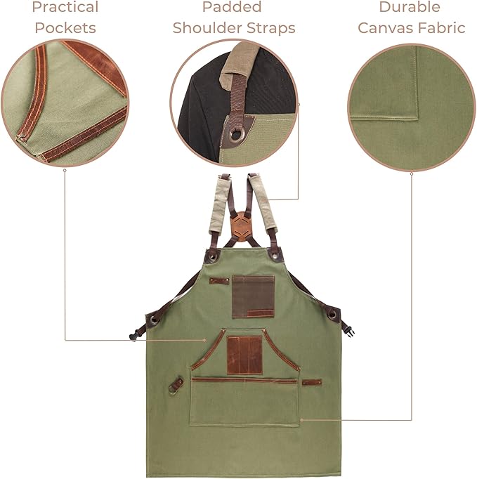 Cross Back Canvas Aprons With Pockets |Adjustable Leather Strap|Work Apron|Chef Apron|Woodworking, Grilling