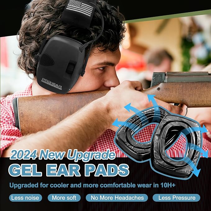 PROHEAR Electronic Ear Protection with Gel Pads for Shooting with 4X Sound Amplification, Gun Range Hearing Protection Muffs, NRR 23dB Noise Reduction Headphones for Hunting, Black