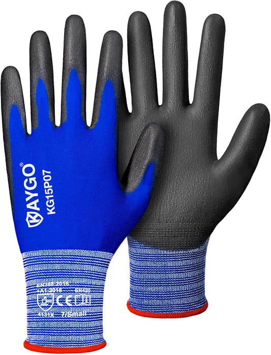 KAYGO Work Gloves PU Coated-12 Pairs, KG15P,Nylon Lite Polyurethane Safety Work Gloves, Gray Polyurethane Coated, Knit Wrist Cuff,Ideal for Light Duty Work (Small, Blue)