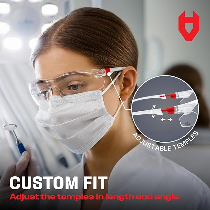 NoCry Safety Glasses with Clear Anti Fog Scratch Resistant Wrap-Around Lenses and No-Slip Grips, UV Protection. Adjustable, White & Red Frames (10 pack)