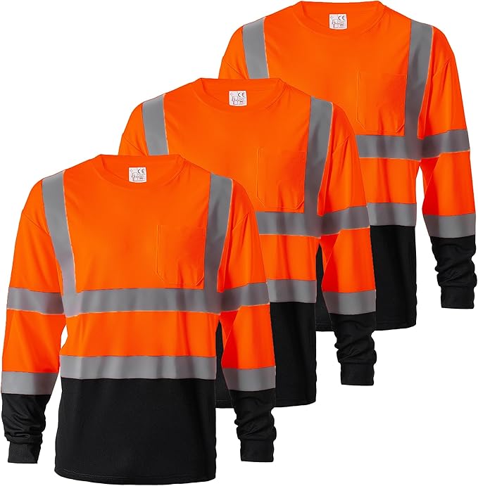 ProtectX Men's High Visibility Heavy Duty Long Sleeve Reflective Safety T-Shirts for Construction, Class 2-3 Type R