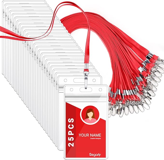Segarty Lanyards with ID Holder, 25 Pack Vertical Badge Clear Plastic Name Tags Neck Key Card Bulk, Red Strap Clips Waterproof Ziplock Nametag Protector for Women, Business, Student, School, Office