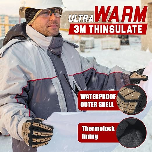 HANDLANDY Insulated Winter Work Gloves for Men, 3m Thinsulate Thermal Impact Gloves with Touchscreen for Cold Weather (Tan, Medium)