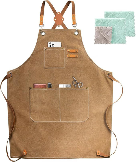 Chef Apron, Cotton Canvas Cross Back Apron with Pockets for Women and Men,Adjustable Strap and Large Pockets Apron,Kitchen Cooking Baking Bib Apron