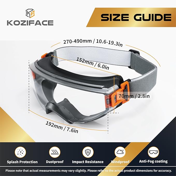 KOZIFACE S60 Safety Goggles, Anti-Fog Full-Seal Protective Eyewear with Strap & Arms, ANSI Z87.1+ Certified