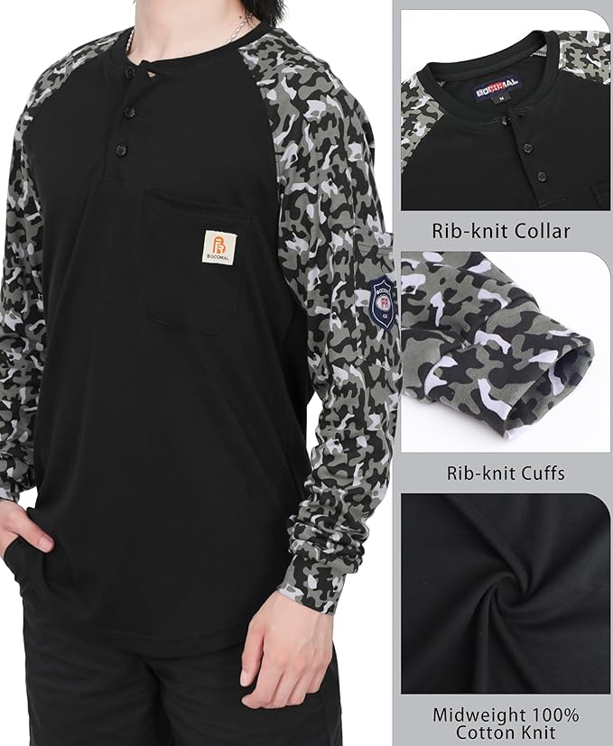 BOCOMAL FR Shirts for Men 5.5oz Lightweight Long Sleeve Work Henley Fire Resistant Shirt CAT2