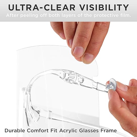 TCP Global Salon World Safety Face Shields with All Clear Glasses Frames (Pack of 4) - Ultra Clear Protective Full Face Shields to Protect Eyes, Nose, Mouth - Anti-Fog PET Plastic, Goggles