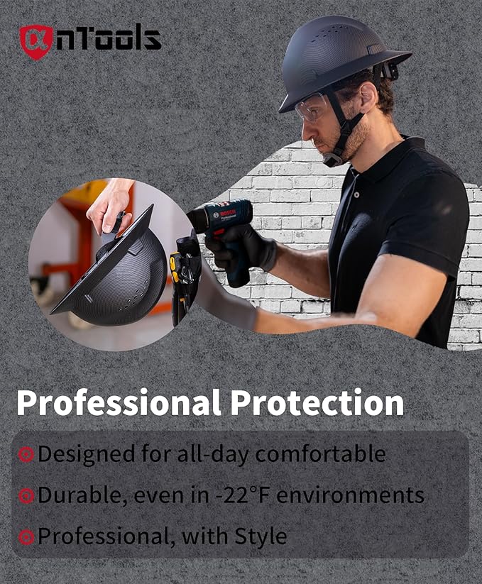Carbon Fiber Design Full Brim Hard Hat, OSHA Approved Construction Hard Hats for Men, 4-Point Adjustable Suspension, ANSI Z89.1