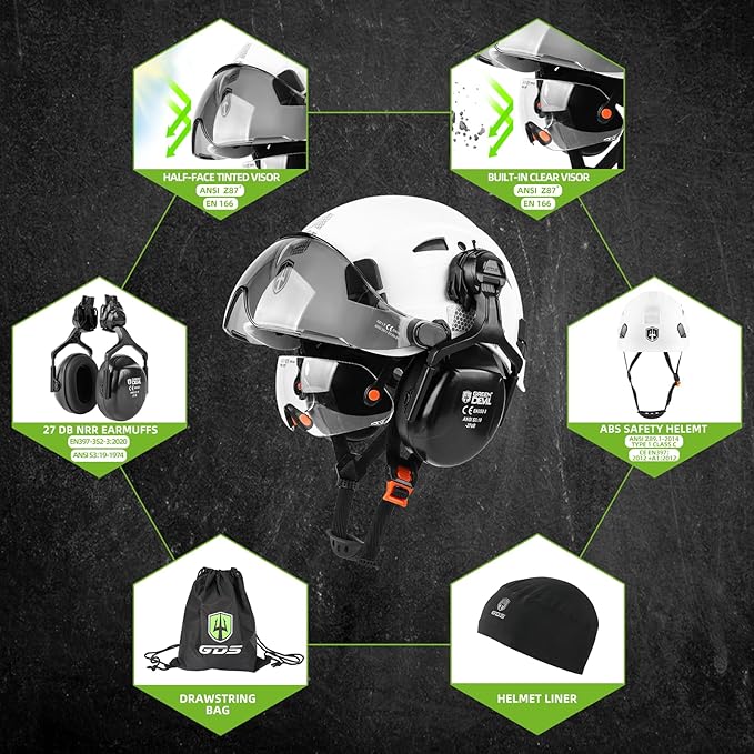 GREEN DEVIL Hard Hat Safety Helmet with Visor and Ear Muffs Men Women Vented Work Hardhat ANSI Z89.1 Cascos De Construccion for Industrial Construction Forestry
