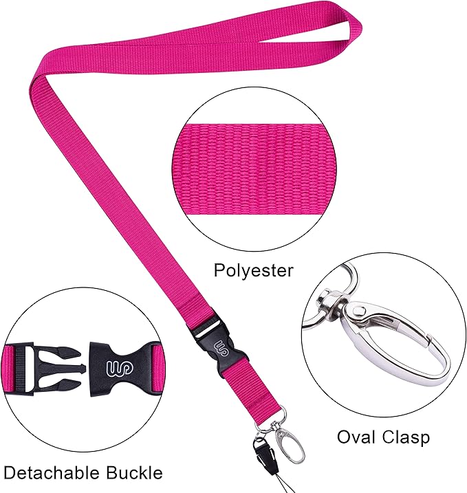 Wisdompro Office Lanyard, 5pcs 23 inch Polyester Neck Strap with Oval Clasp and Detachable Buckle for ID Badges, Keys, Keychains, Phones, Camera, USB - Hot Pink