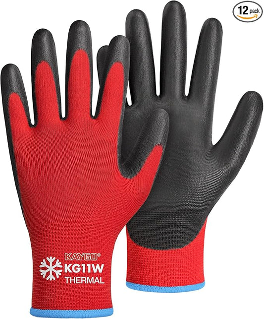 KAYGO Winter Work Gloves for Men and Women, 12 Pairs Thermal Insulated Safety Work Gloves PU Coated, Smooth Grip on Palm & Fingers,Ideal for Freezer Work,Red,M