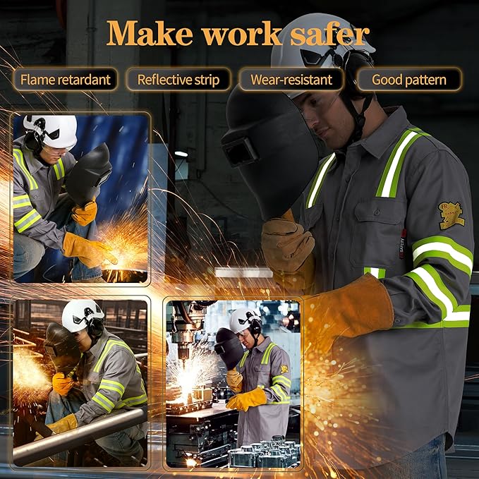 SRsafety Hi Vis FR Work Shirts,7.0oz Long Sleeve Flame Resistant Shirts for Men,100% Cotton High Visibility Fire Shirt