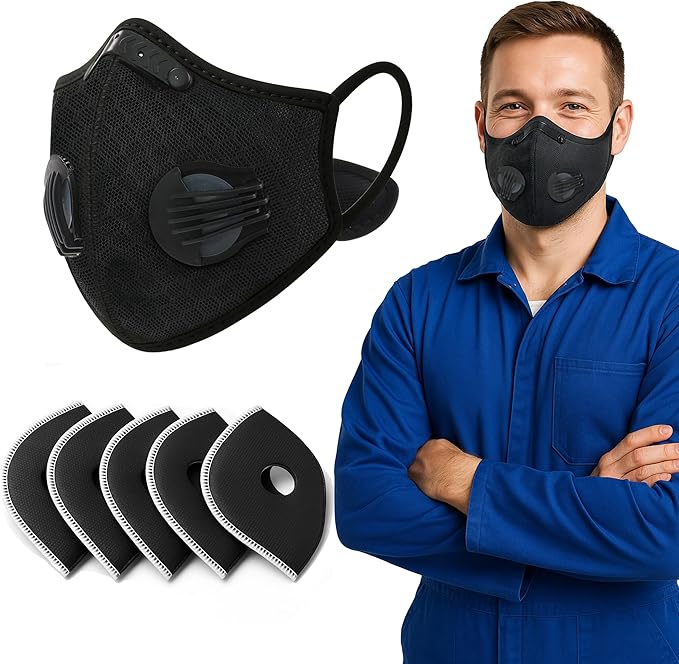ToughCraft Reusable Dust Mask, Breathable Face Mask with 6 Filters for Dust, Welding, Construction, Sanding, Paint, Woodworking, Dual Breathing Valve for Cycling, Running, Outdoor Sports - Black