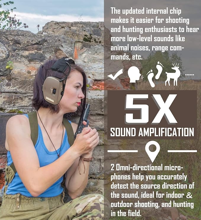 PROHEAR Digital Electronic Shooting Ear Protection Muffs with GEP02 Gel Ear Pads, Hunting Sound Amplification Earmuffs, NRR 23dB Low Profile Hearing Protection for Gun Range - Brown