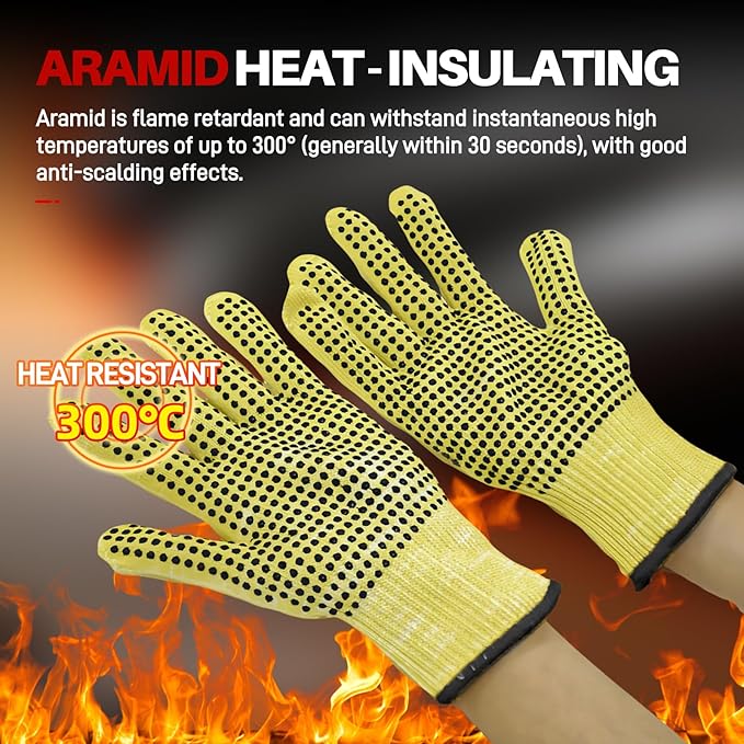 Heat Cut Resistant Gloves,Aramid leather Oven Gloves with Fingers,Heat Resistant Up to 450°F, Thick Knit Grill Mitts (silicone beads, Medium)