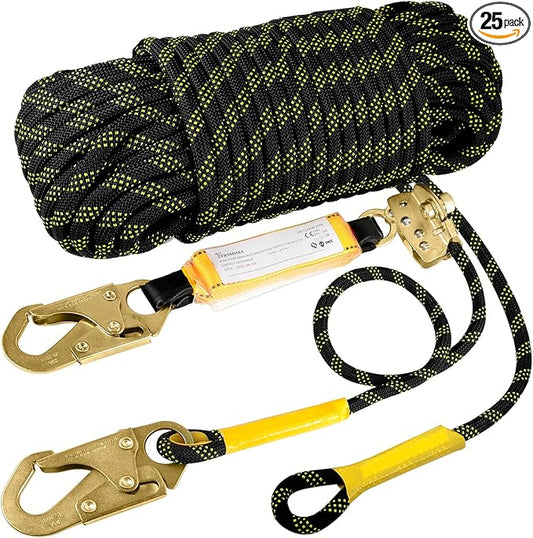 TRSMIMA Rope Harness Safety Lanyard：100ft Vertical Roofing Rope With Grab Snap Hooks Shock Absorber - Fall Protection Tree Climbing Line Kit Heavy Duty Roof Safety Equipment ANSI CE